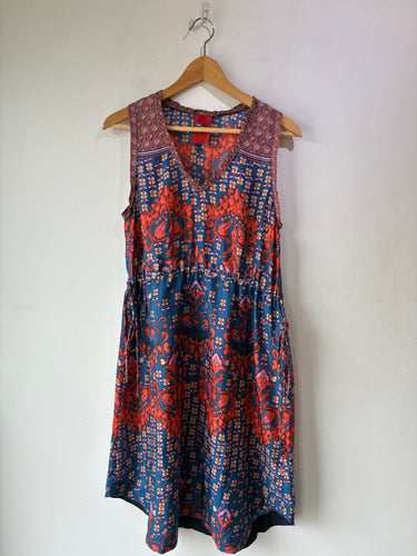 Johnny Was Blue Silk Floral Bold Print Sleeveless Dress