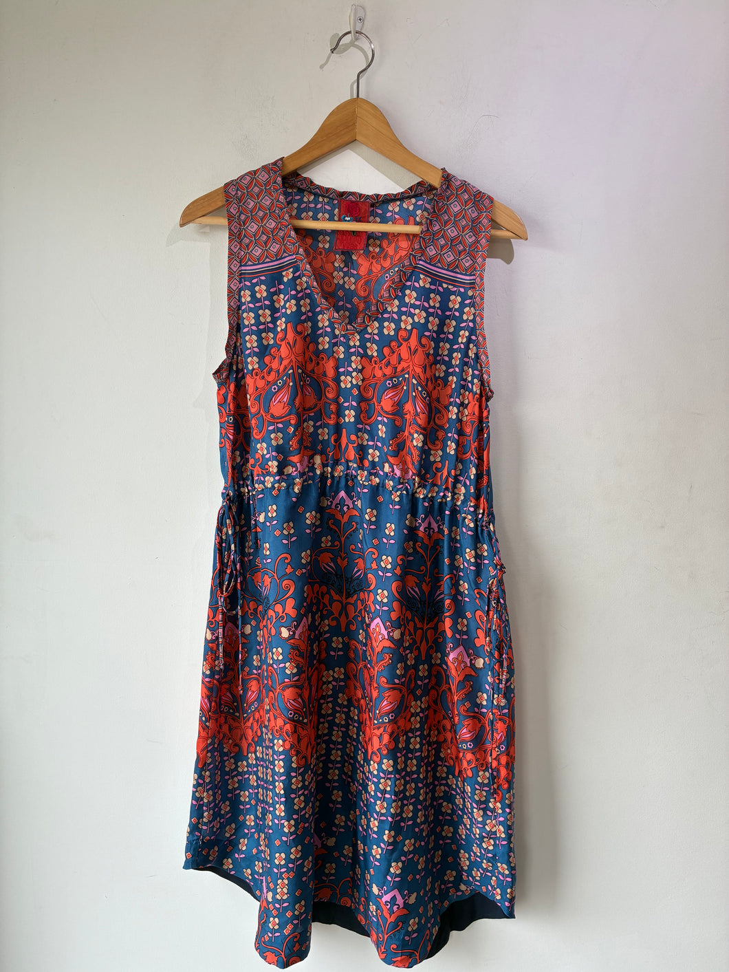 Johnny Was Blue Silk Floral Bold Print Sleeveless Dress