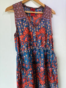 Johnny Was Blue and Orange Silk Floral Sleeveless Dress
