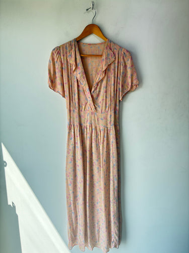 Vintage Pink Silk Flutter Sleeve Maxi Dress