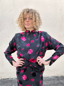 Nina Ricci Boutique Black Silk Dress with Rose Print