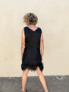 Victorian Black Silk Dress with Feathers