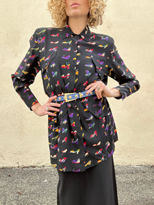 Fendi 365 Black Colorful Shoe Print Silk Blouse