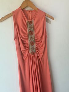 VIntage Coral Poly 1970s Maxi Dress
