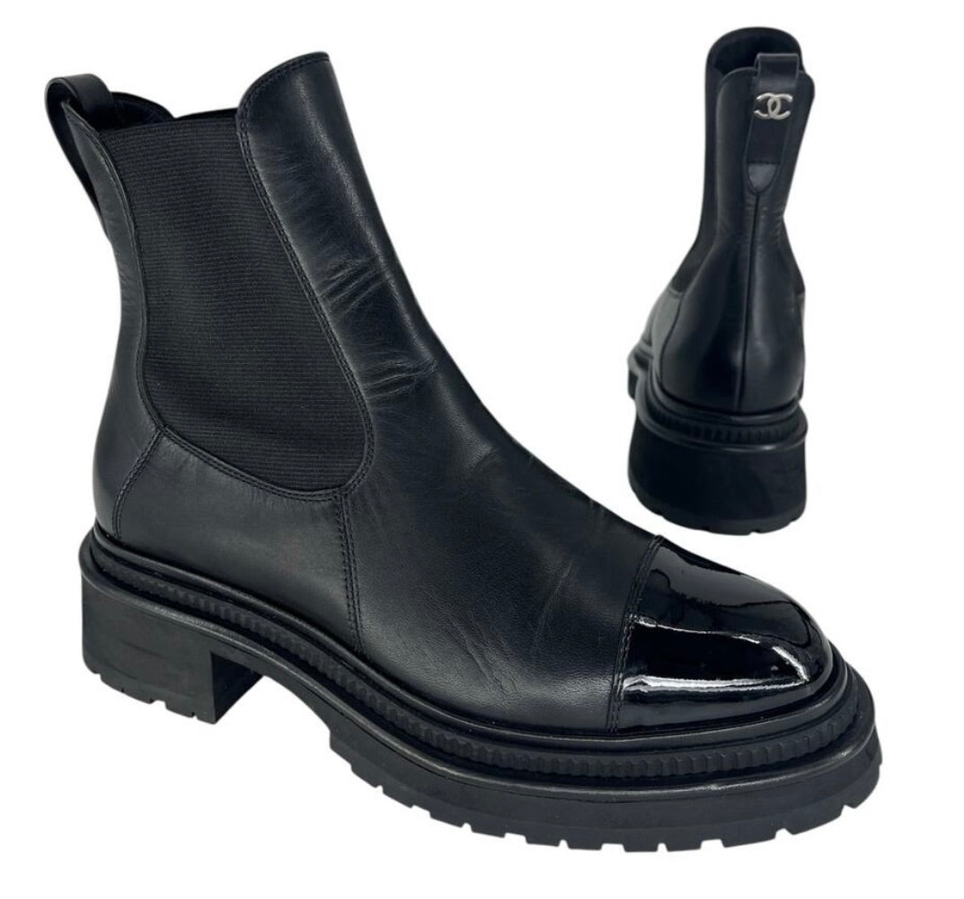 Chanel Black Leather Platform Chelsea Boots