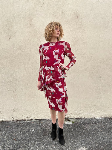 Hanae Mori Boutique Maroon Silk Print Dress with Peplum