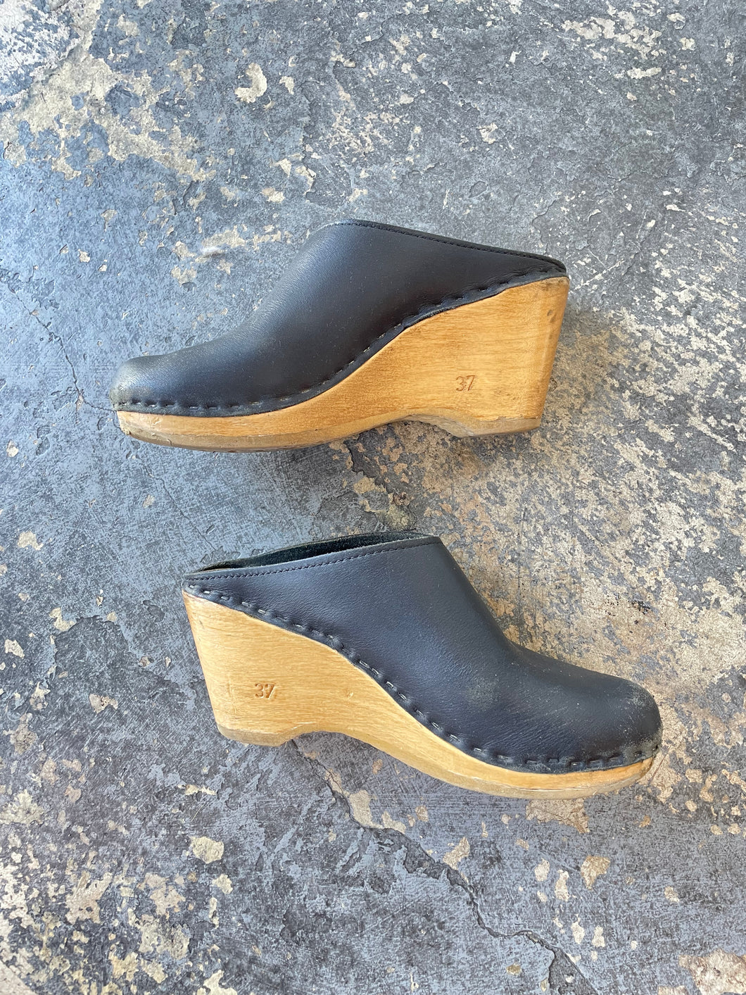 No. 6 Black Leather Wedge Clogs