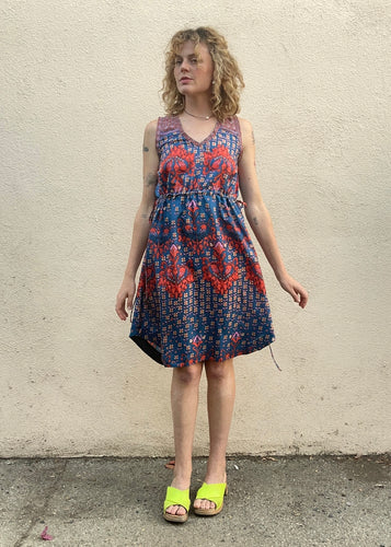 Johnny Was Blue and Orange Silk Floral Sleeveless Dress