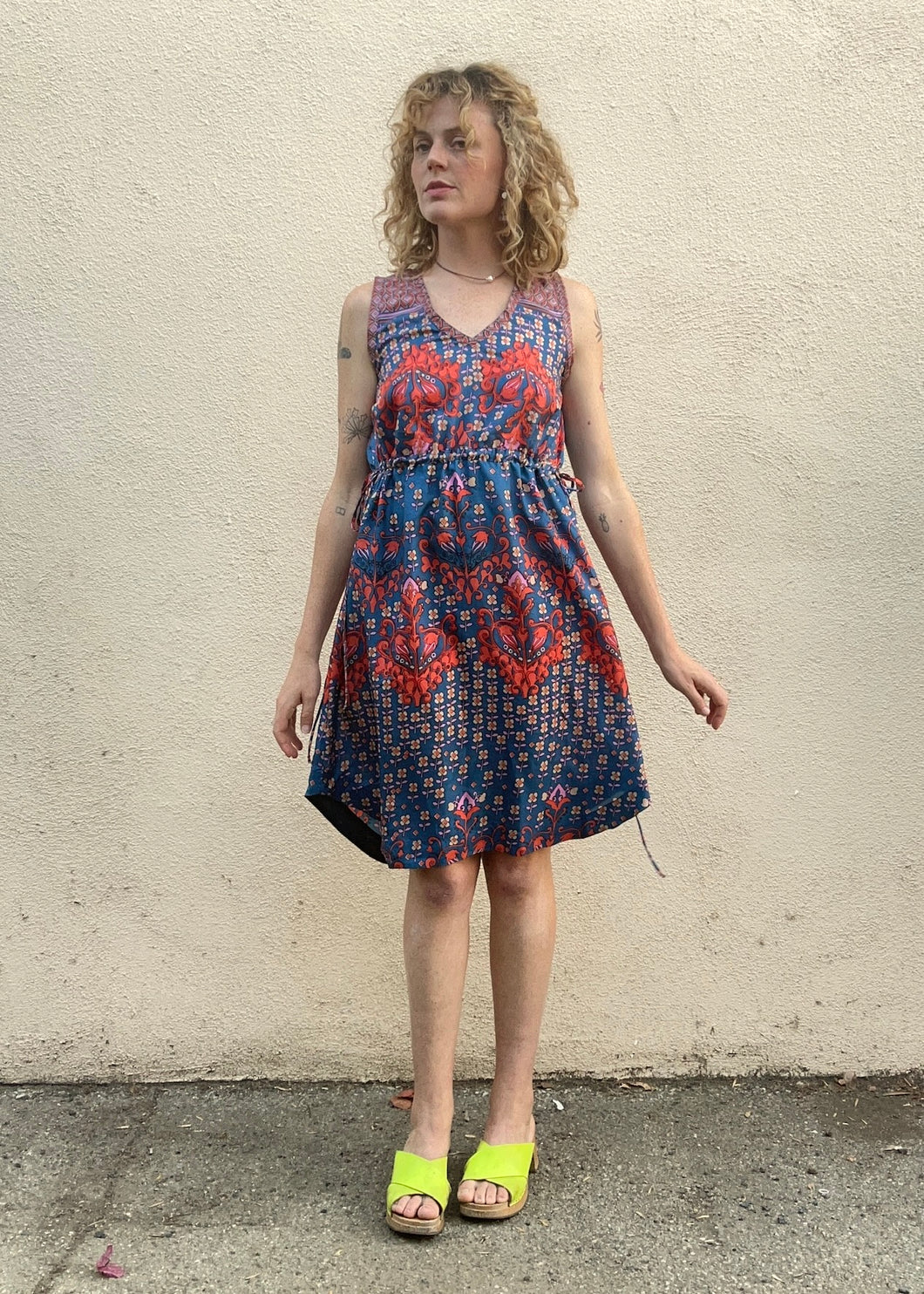 Johnny Was Blue and Orange Silk Floral Sleeveless Dress