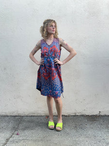 Johnny Was Blue and Orange Silk Floral Sleeveless Dress