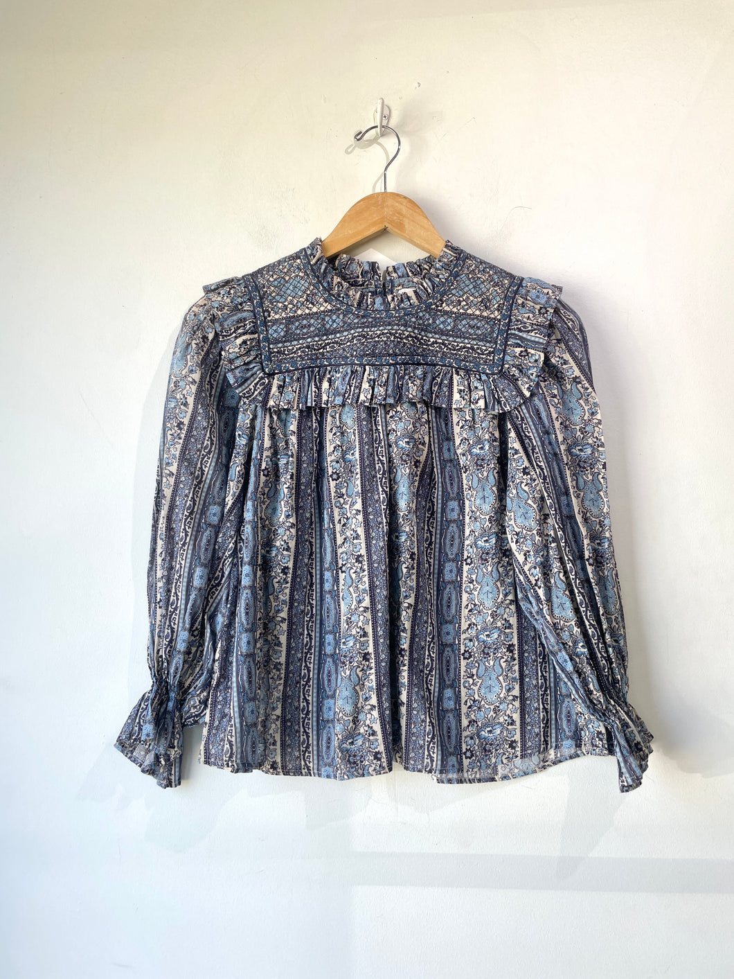 Doen Blue Paisley Ruffle Bridger Blouse