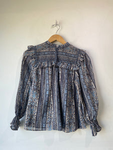 Doen Blue Paisley Ruffle Bridger Blouse