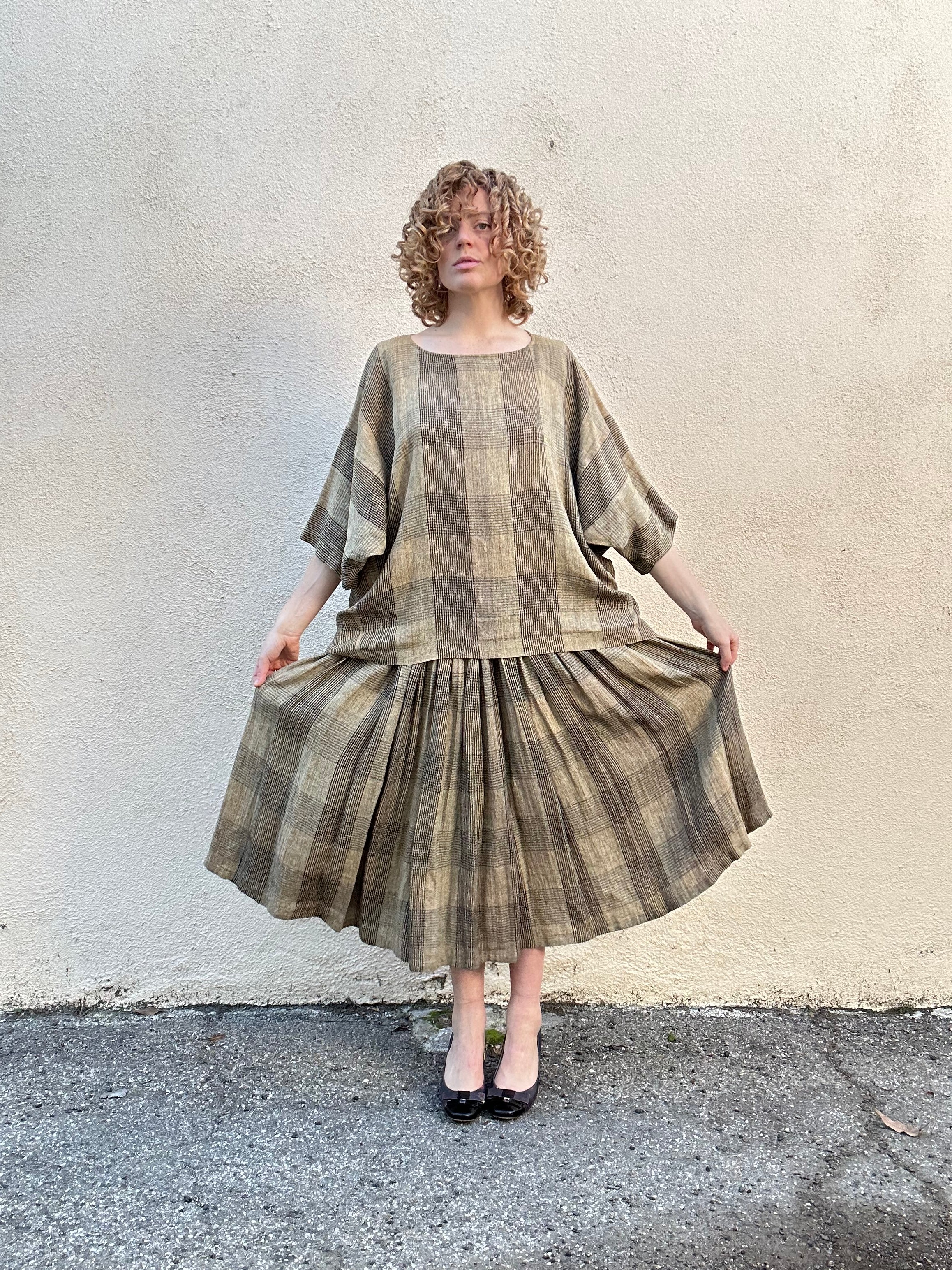 Vintage 1980s Issey Miyake Brown Plaid Linen 2 Piece Set – The