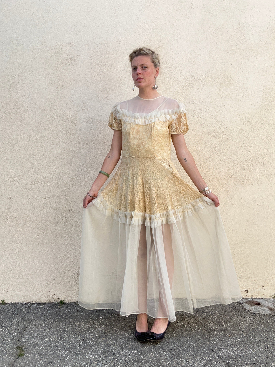 Antique Victorian Cream Lace and Tulle Wedding Dress