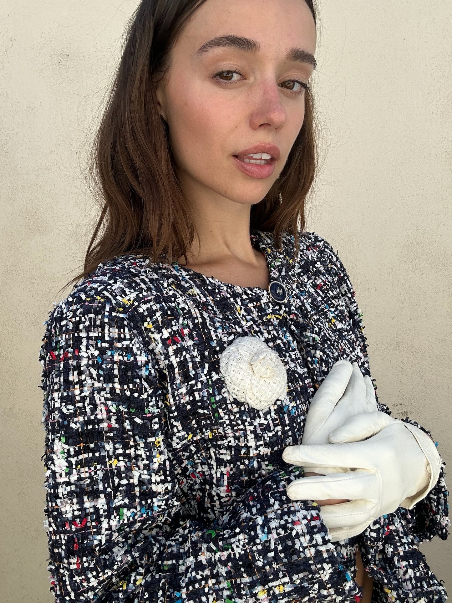 CHANEL Ecru Tweed Camellia Brooch - The Curatorial Dept.