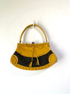 Moschino Yellow Leather and Green Tweed Bag