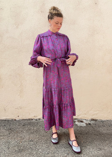 Apiece Apart Purple and Pink Floral Silk Dress with Sash