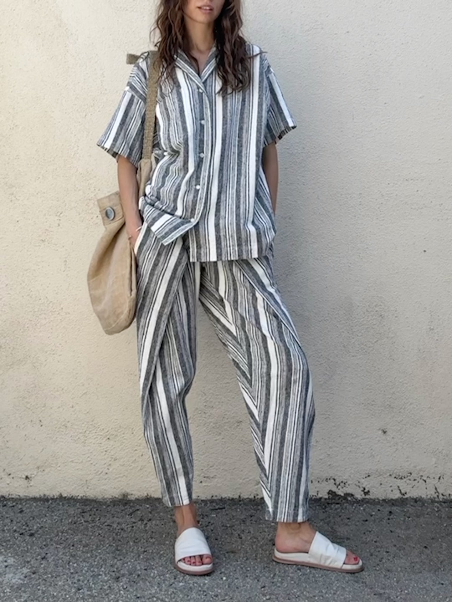 Issey Miyake Plantation Blue Grey & White Striped Pants Suit