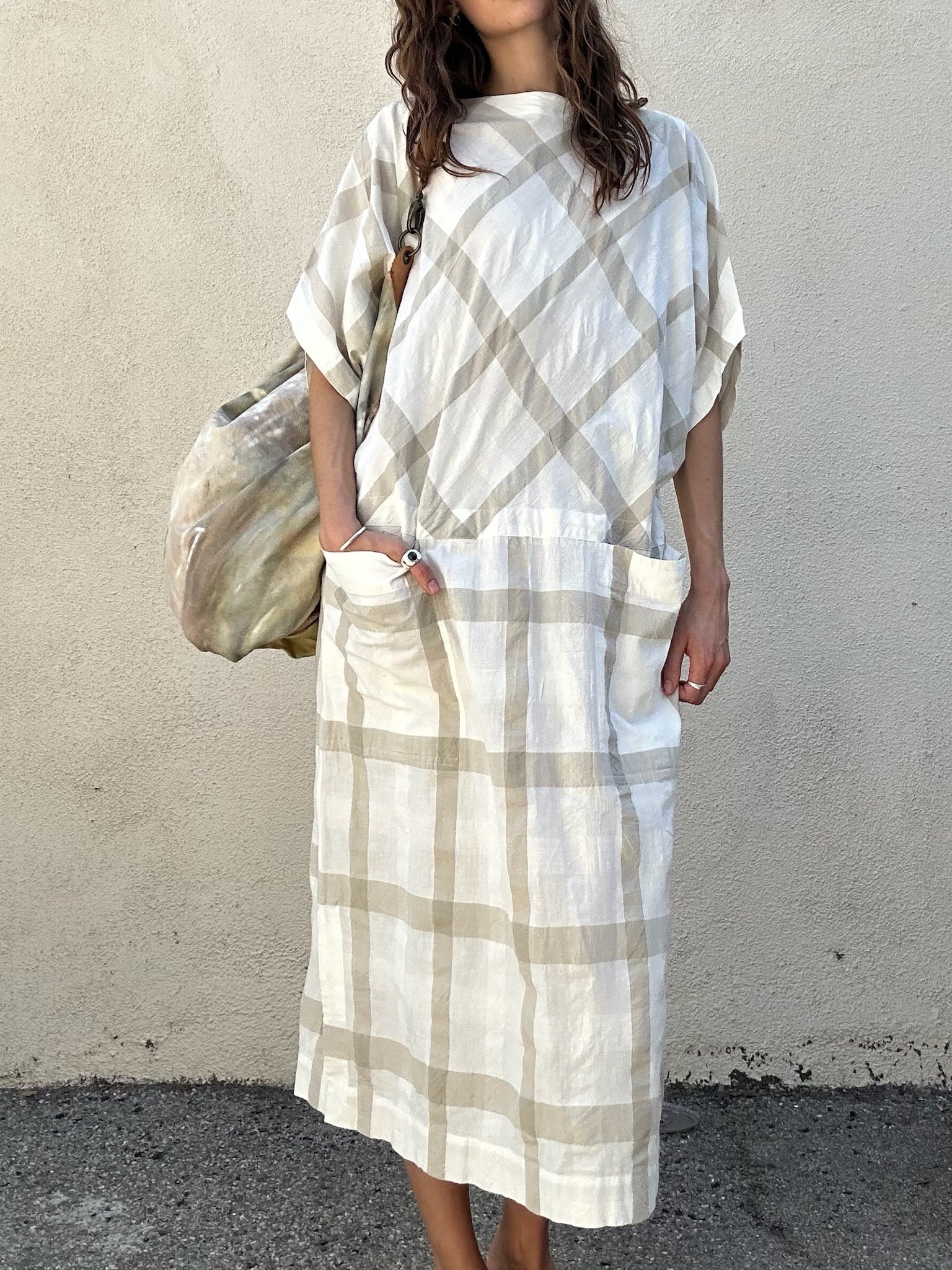 Issey Miyake White with Tan Grid Dress