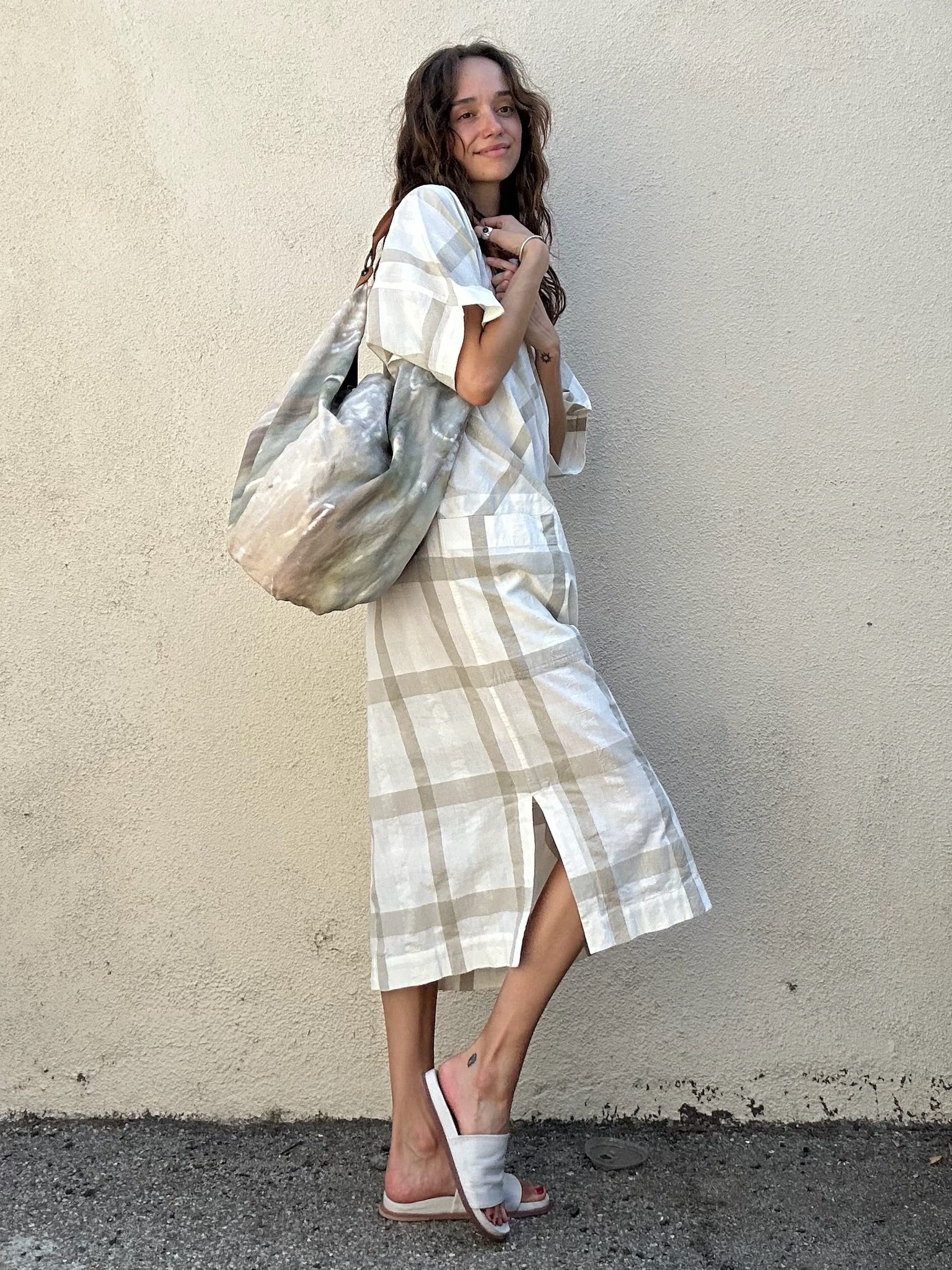 Issey Miyake White with Tan Grid Dress