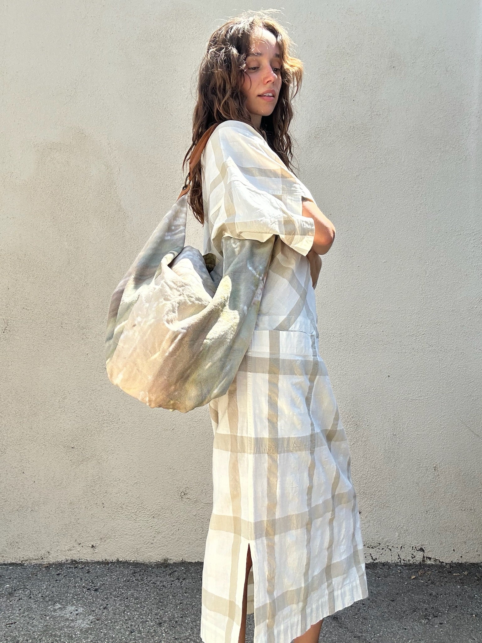 Issey Miyake White with Tan Grid Dress
