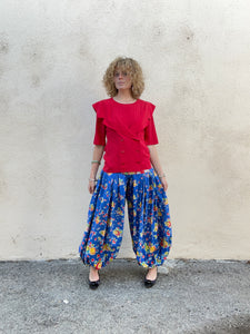 Vintage Blue Fruit Print Balloon Pants