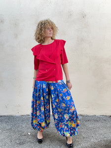 Vintage Blue Fruit Print Balloon Pants