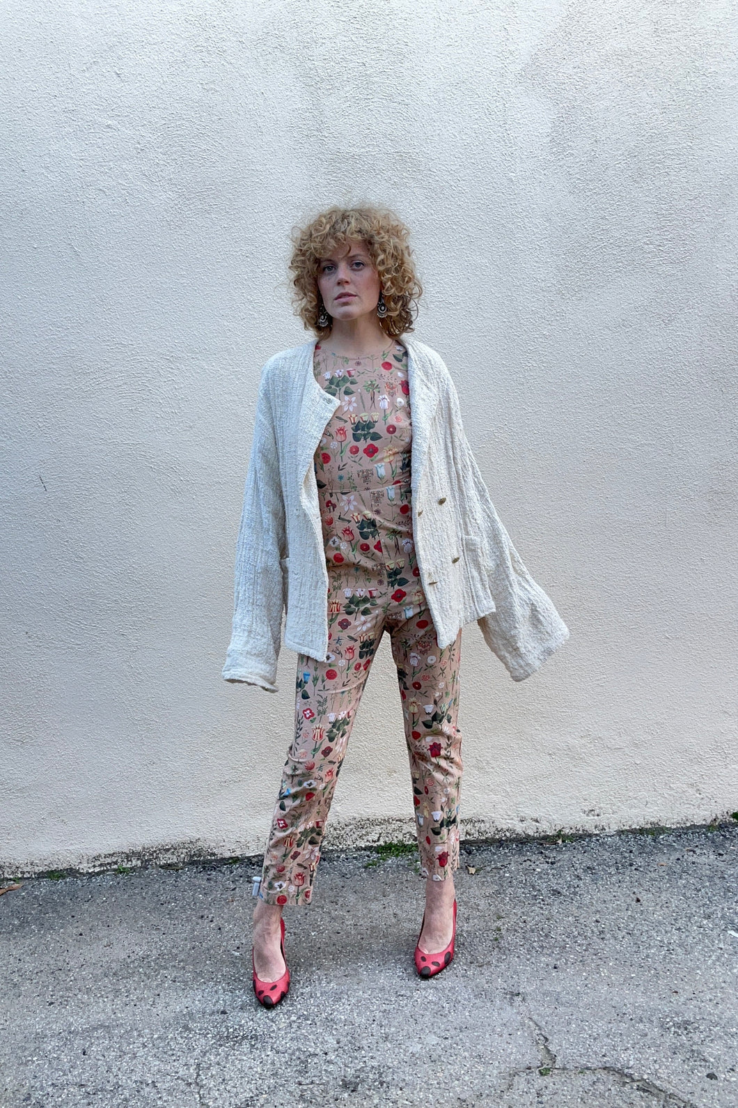 Electric Feathers Hand Woven Nubby Cotton White Envelope Coat with Vintage Brass Buttons
