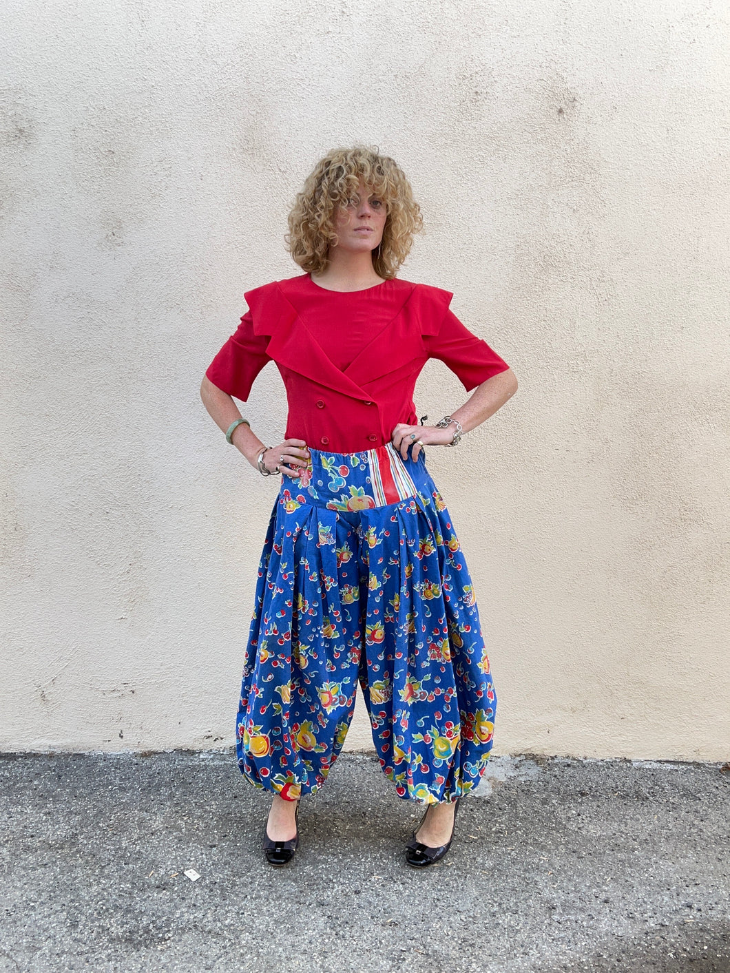 Vintage Blue Fruit Print Balloon Pants