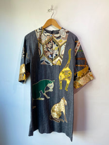 Vintage Handmade Denim Dress with Cats and Mice