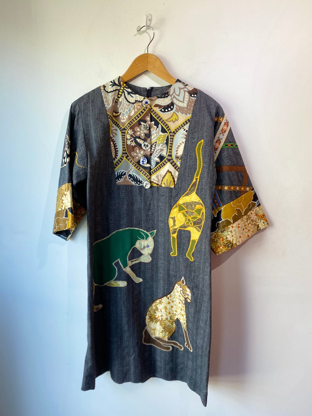 Vintage Handmade Denim Dress with Cats and Mice