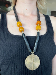 African Necklace with Four Amber Beads and Bronze Centerpiece