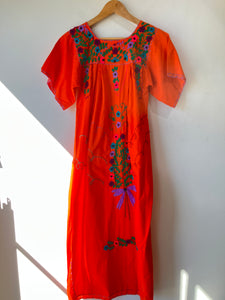 Vintage Handmade & Embroidered Mexican Dress in Bright Orange