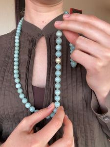 Vintage Long Jade Beaded Necklace with Pearl