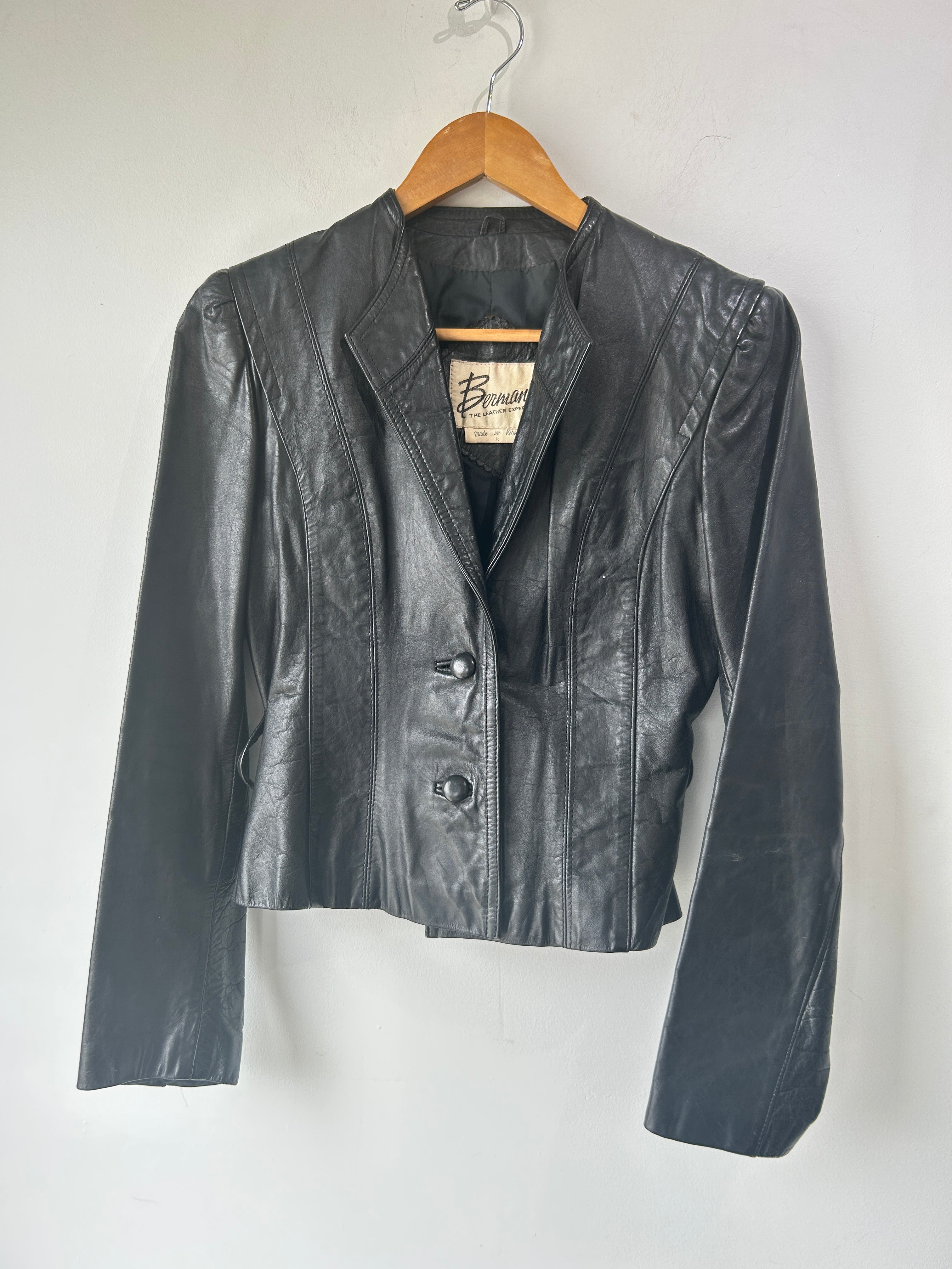 🦅 Vintage Bermans Black Leather Padded Cafe Biker Jacket