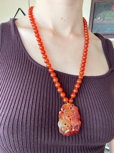 Gump’s Carnelian Beaded Necklace with Carving and 14K Gold Clasp