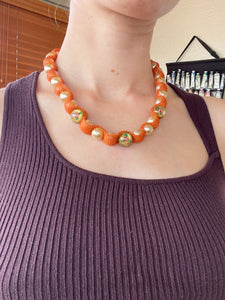 Orange Mesh Pearl Choker With Three Glass Beads