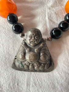 Vintage Chunky Beaded Buddha Figure Necklace with Carnelian Beads