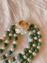 Vintage Turquoise and Pearl Three Strand Necklace with Carved Shell Clasp