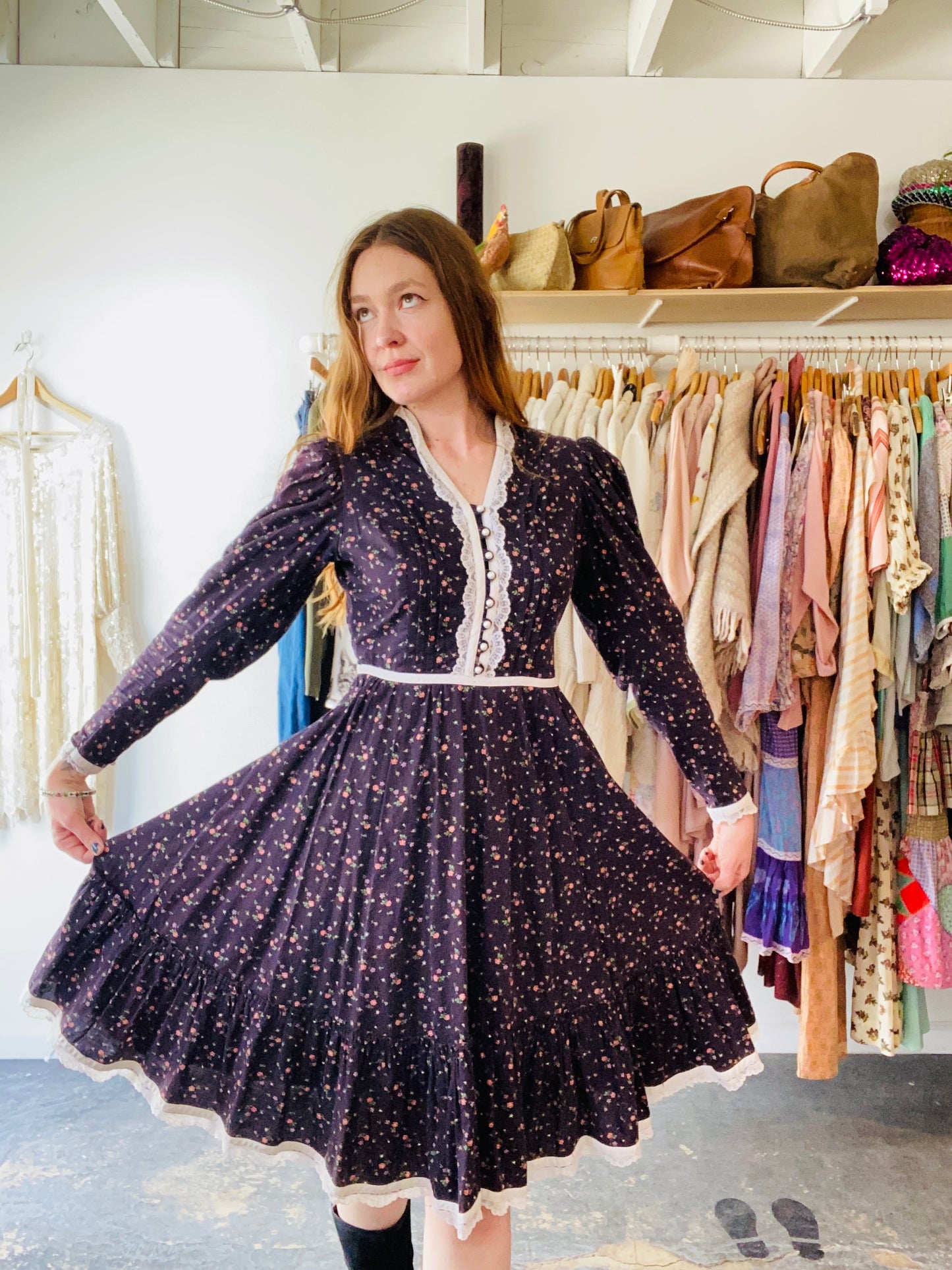 Vintage Dark Purple Prairie Midi Dress Vintage Dark Purple Prairie Midi Dress