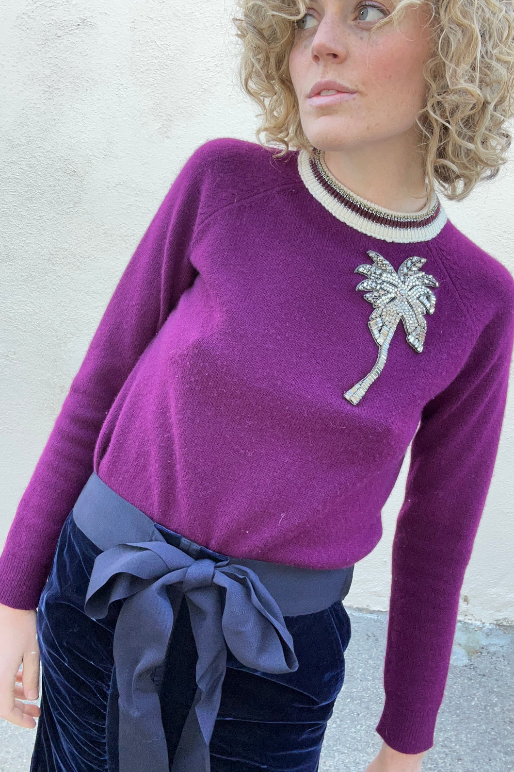 Dice Kayek Cashmere-Wool Sweater with Beaded Palm Tree