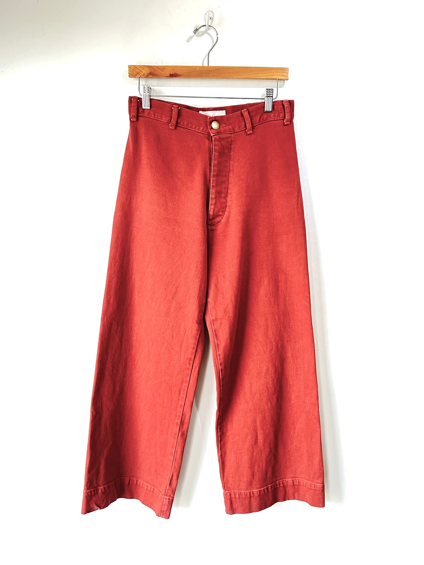 Rust pants hanging on a wooden hanger against a white background