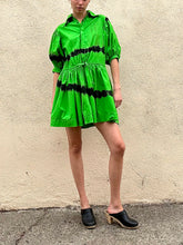 S/W/F Puff Sleeve Green and Black Tie Dye Dress