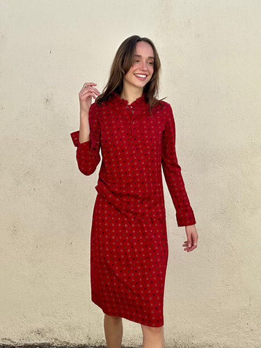 Vintage Celine Red Printed Wool Skirt Set