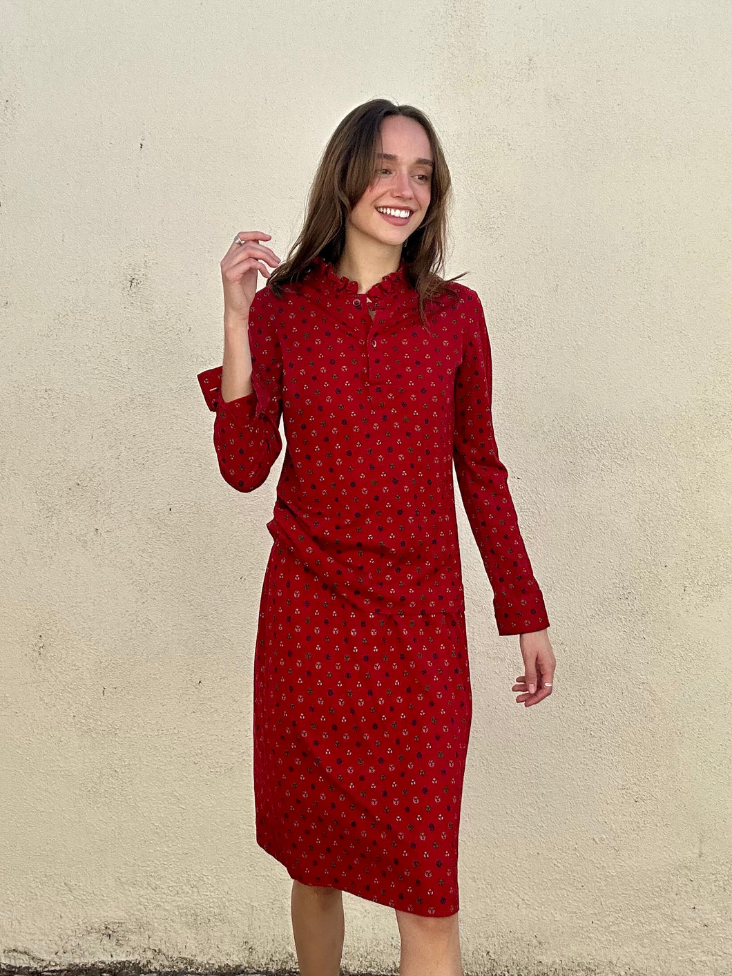 Vintage Celine Red Printed Wool Skirt Set