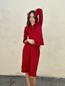 Vintage Celine Red Printed Wool Skirt Set