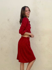 Vintage Celine Red Printed Wool Skirt Set