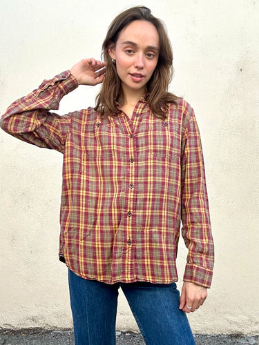LL Bean Maroon & Yellow Plaid Flannel Shirt
