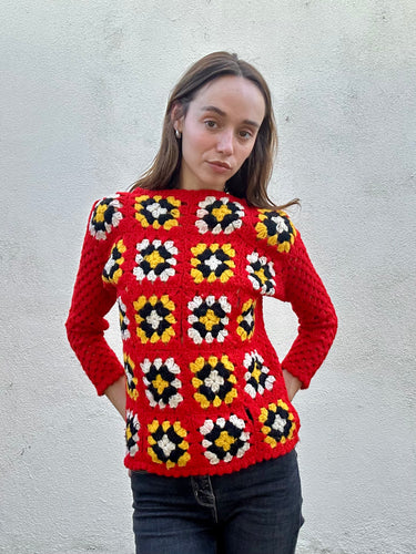 Ricardo Italy Red Granny Square Crochet Pullover Sweater