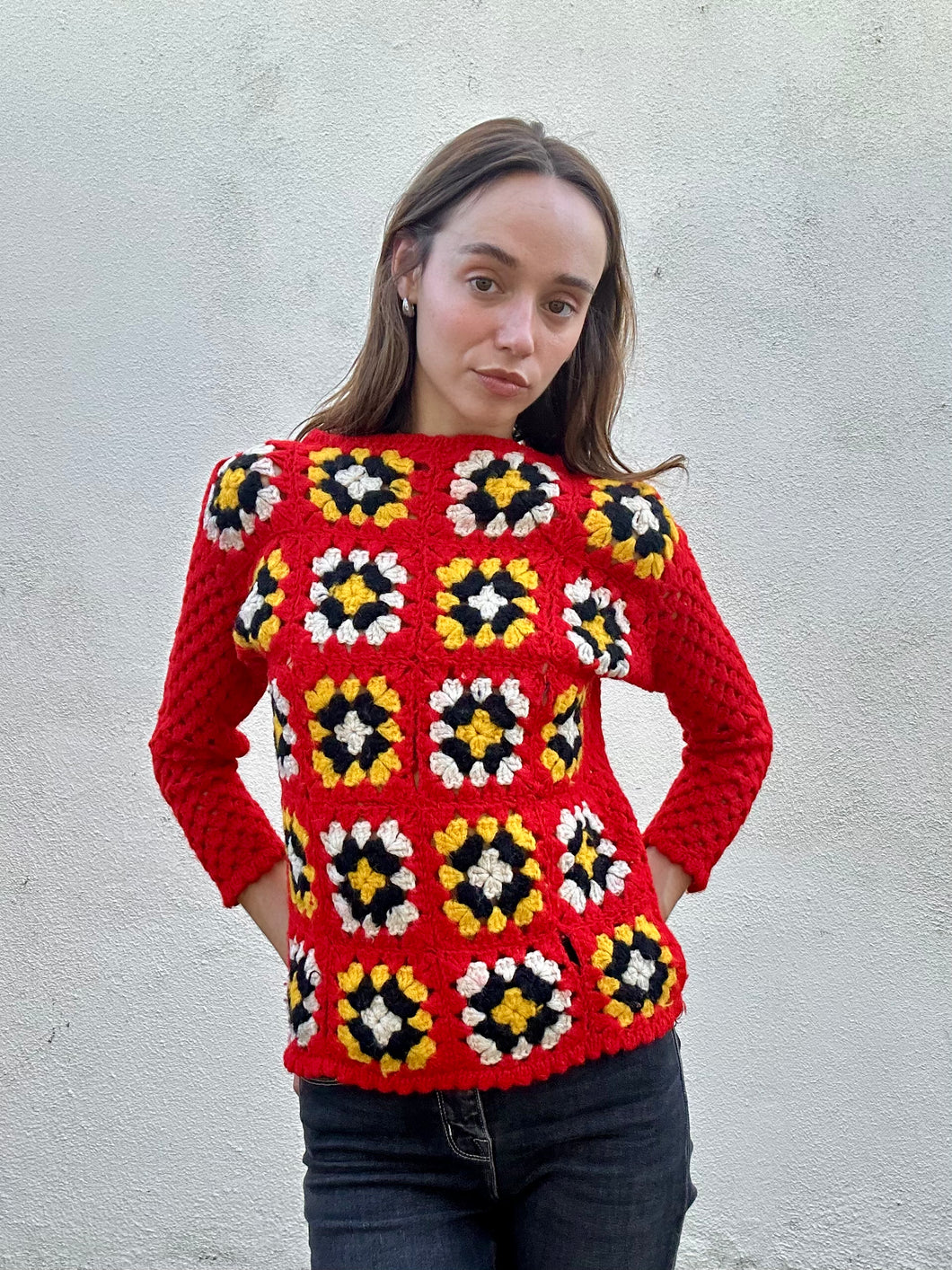 Ricardo Italy Red Granny Square Crochet Pullover Sweater